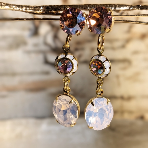 Rose Pink Opal And Swarovski Crystal Flower Drop Down Earrings - Picture 2 of 6